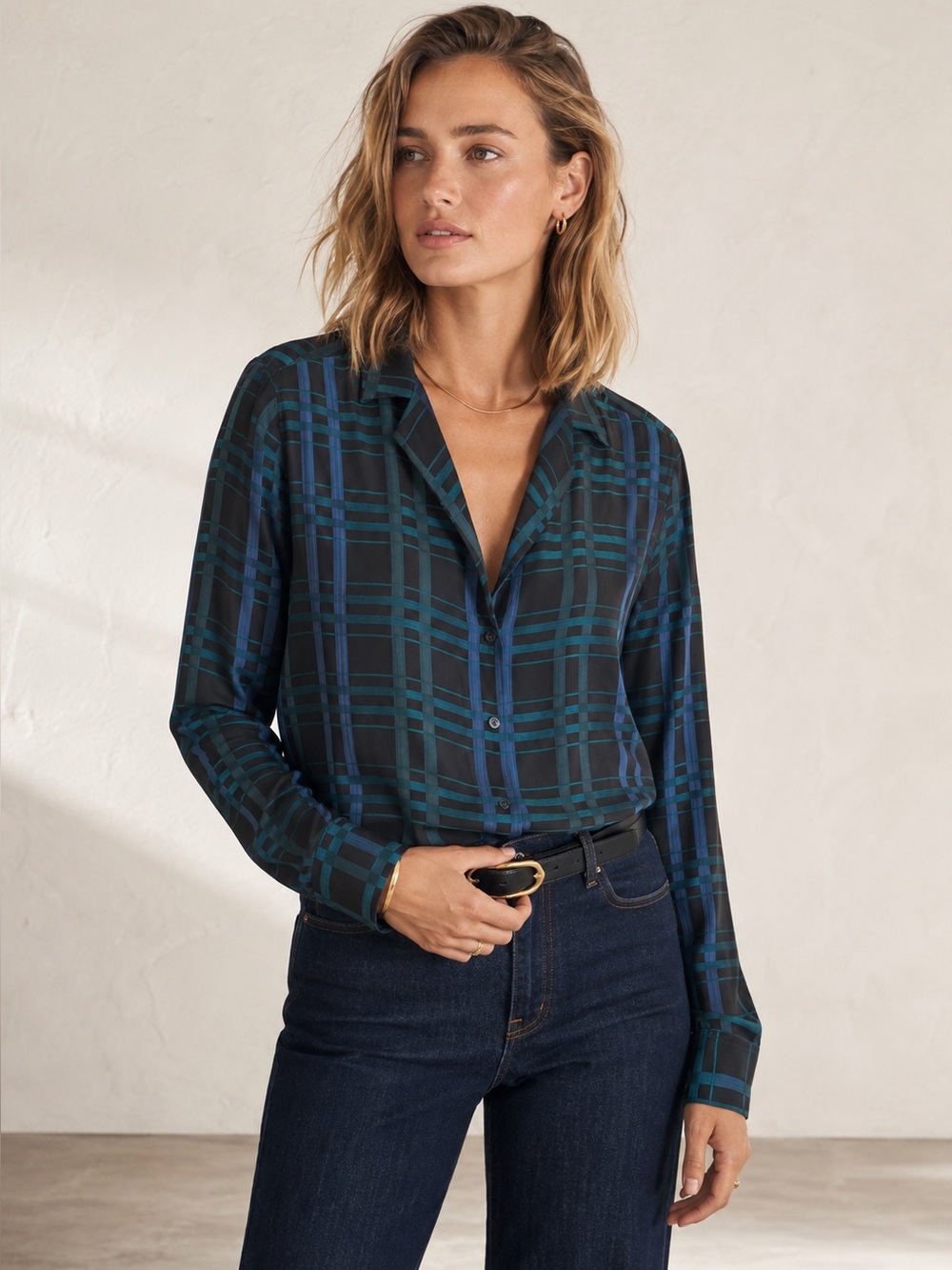 Equipment Adalyn Plaid 100% Silk V Neck Blouse Blue Green Medium